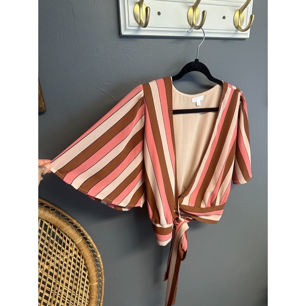 Leith Top Womens Size S Wrap Striped Pink Brown Tie Waist Bohemian Bell Sleeve